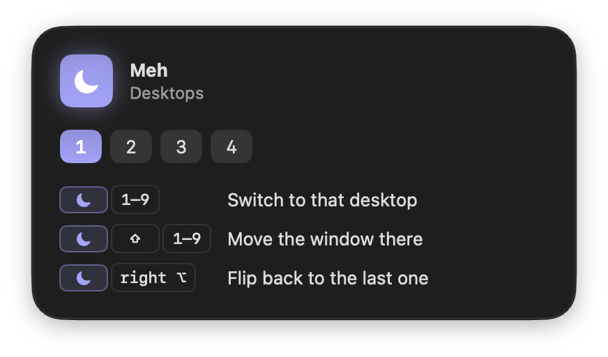 The ☾ Meh chord panel showing desktops 1 to 4