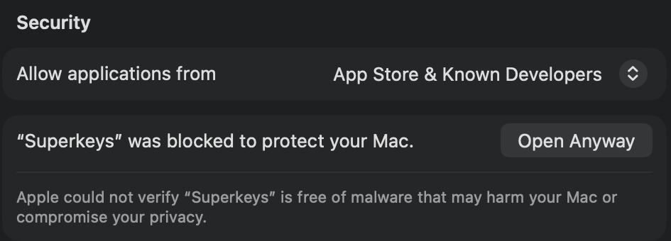 Privacy & Security, Security section: “Superkeys” was blocked to protect your Mac, with an Open Anyway button