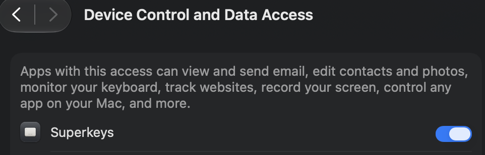 Device Control and Data Access settings with the Superkeys switch turned on