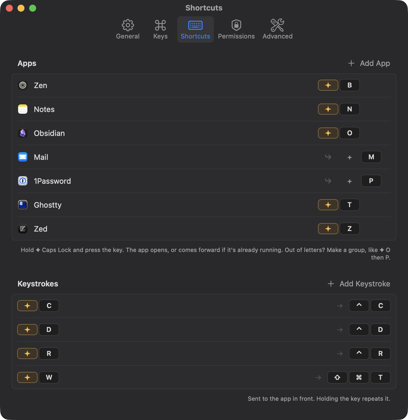 Superkeys Shortcuts settings with Zen on ✦ B, Ghostty on ✦ T and Notes on ✦ N